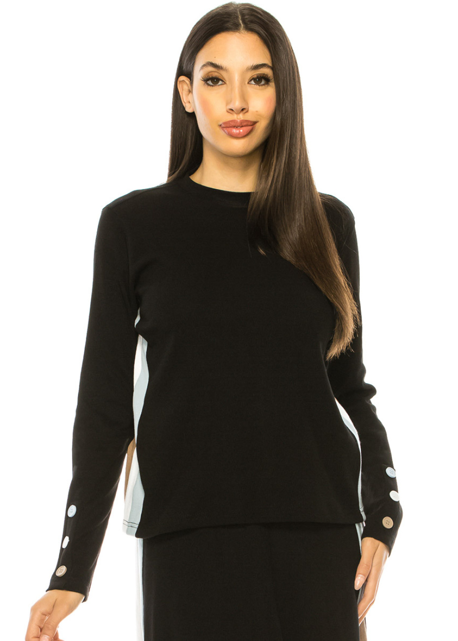 トップス Olde steader Y Neck Long Sleeve Black Long Sleeve T-Shirt With Colorful Side Stripes | Modest